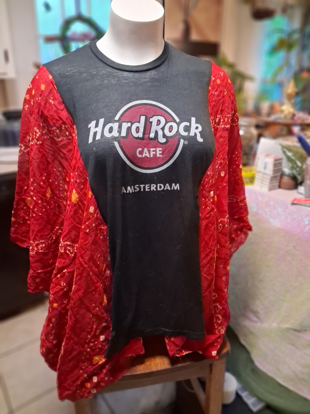 OOAK Upcycled Hard Rock Cafe Amsterdam Poncho With Flowy Gauze Sleeves (0-6x)